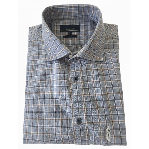 Faconnable Club Dress Shirt 17.5 L Blue Brown Check 100% Cotton Button Dow - Picture 2 of 11